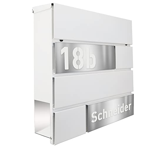 Zalafino Briefkasten Wandbriefkasten Weiss pulverbeschichtet mit Zeitungsfach und eleganter Laser Cut Edelstahlblende, individuelle Beschriftung