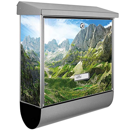 banjado® Burgwächter Briefkasten Edelstahl 38x39x12cm mit Motiv Bergsee Alpen/Briefkasten Edelstahl ohne Zeitungsfach/Briefkasten grau/Postkasten inkl. Montagematerial & 2 Schlüsseln