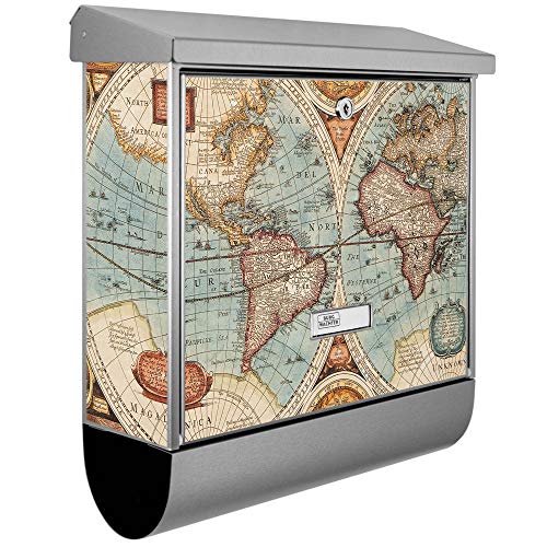 banjado® Burgwächter Briefkasten Edelstahl 38x39x12cm mit Motiv Historische Weltkarte/Briefkasten Edelstahl ohne Zeitungsfach/Briefkasten grau/Postkasten inkl. Montagematerial & 2 Schlüsseln