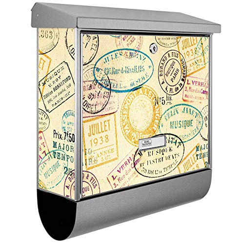 banjado® Burgwächter Briefkasten Edelstahl 38x39x12cm mit Motiv Stempel/Briefkasten Edelstahl ohne Zeitungsfach/Briefkasten grau/Postkasten inkl. Montagematerial & 2 Schlüsseln