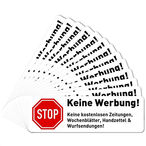 13 x Keine Werbung Aufkleber für Briefkasten (6,7 x 2,1 cm klein) - Bitte Keine kostenlosen Zeitungen und Reklame einwerfen - Keine kostenlose Zeitung - Briefkastenaufkleber - Selbstklebend - Weiss