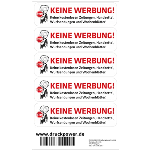 INDIGOS UG Briefkasten Aufkleber - Keine Werbung! - 5 Stück 70x20 mm - Keine kostenlosen Zeitungen, Handzettel, Wurfsendungen und Wochenzeitungen! - selbstklebend - lustig