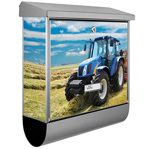 banjado® Burgwächter Briefkasten Edelstahl 38x39x12cm mit Motiv Traktor/Briefkasten Edelstahl ohne Zeitungsfach/Briefkasten grau/Postkasten inkl. Montagematerial & 2 Schlüsseln