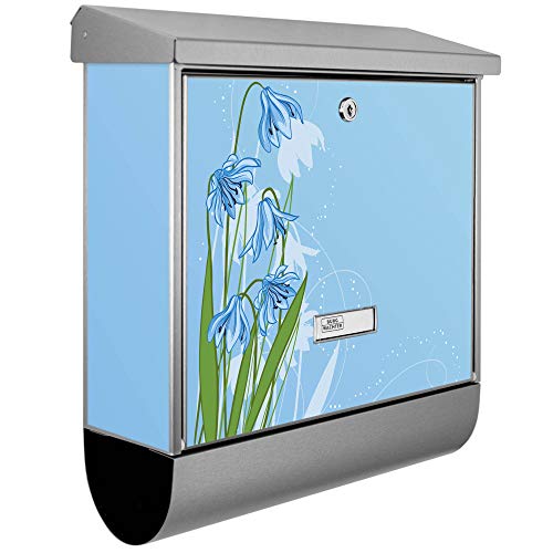 banjado® Burgwächter Briefkasten Edelstahl 38x39x12cm mit Motiv Bergblaulilie/Briefkasten Edelstahl ohne Zeitungsfach/Briefkasten grau/Postkasten inkl. Montagematerial & 2 Schlüsseln